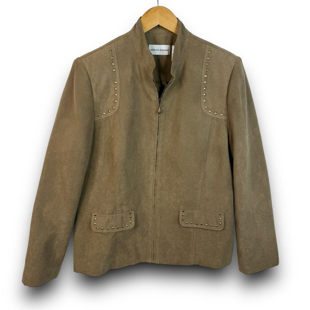 Alfred Dunner Lightweight Faux Suede Jacket Studded Zipper Front Tan Size 10